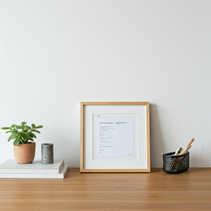 Escritorio con portaretrato y una planta